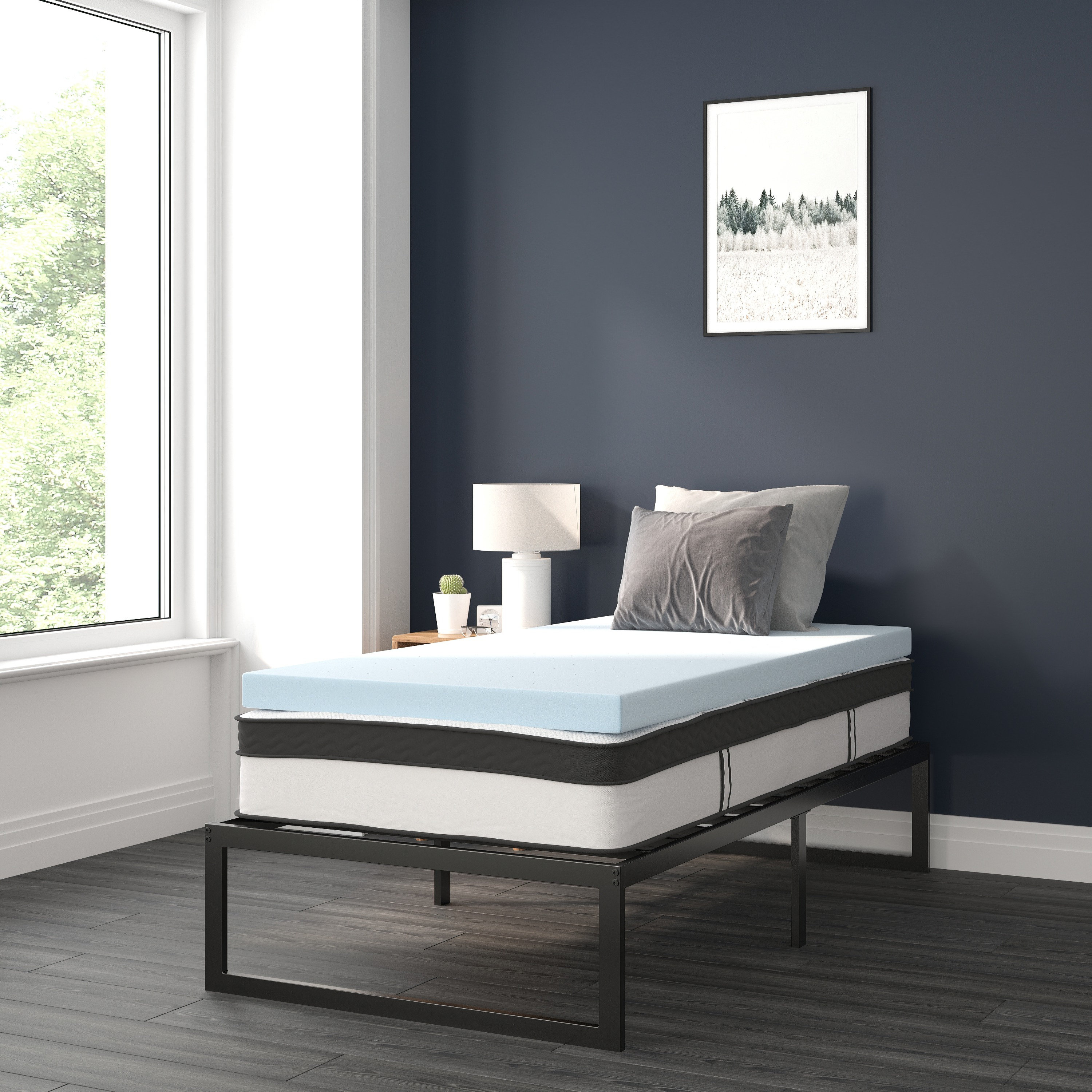Metal Platform Bed Frame with 12 inch Pocket Spring Mattress and 3 inch Memory Foam Topper Alwyn Home Size Full
